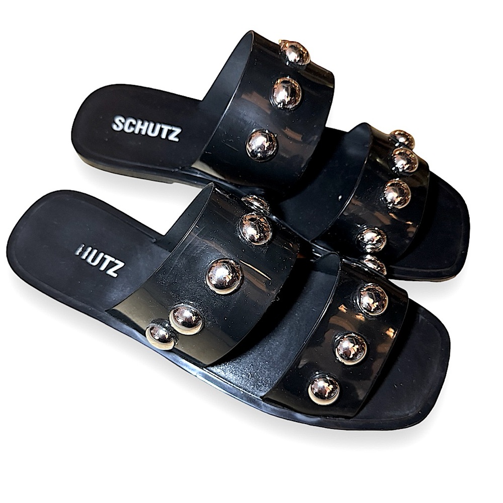 SCHUTZ STUDDED JELLY Sandals slip on black size 11 strap flat